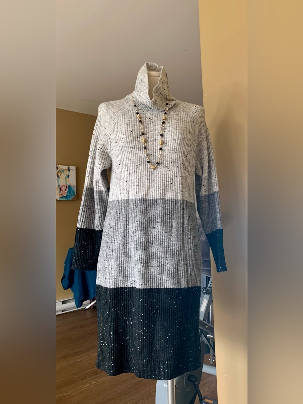 APRICOT Two-Tone Ribbed Turtleneck Sweater Dress - Gray & Black